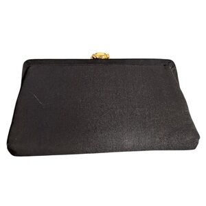 Vintage JR Black Satin Clutch with Gold and Opal Clasp, Interior Coin Purse